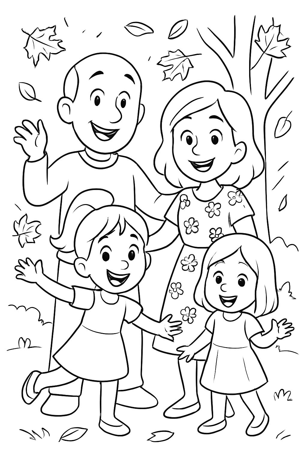 Familienfoto im Herbst mit einem Vater, der eine Glatze hat, einer Mutter in einem Blumenmuster-Kleid, einem 6-jährigen Mädchen mit einem Pferdeschwanz und Kleid und einem 3-jährigen Kind mit offenen Haaren und Kleid. Familienfoto im Herbst mit einem Vater, der eine Glatze hat, einer Mutter in einem Blumenmuster-Kleid, einem 6-jährigen Mädchen mit einem Pferdeschwanz und Kleid und einem 3-jährigen Kind mit offenen Haaren und Kleid.