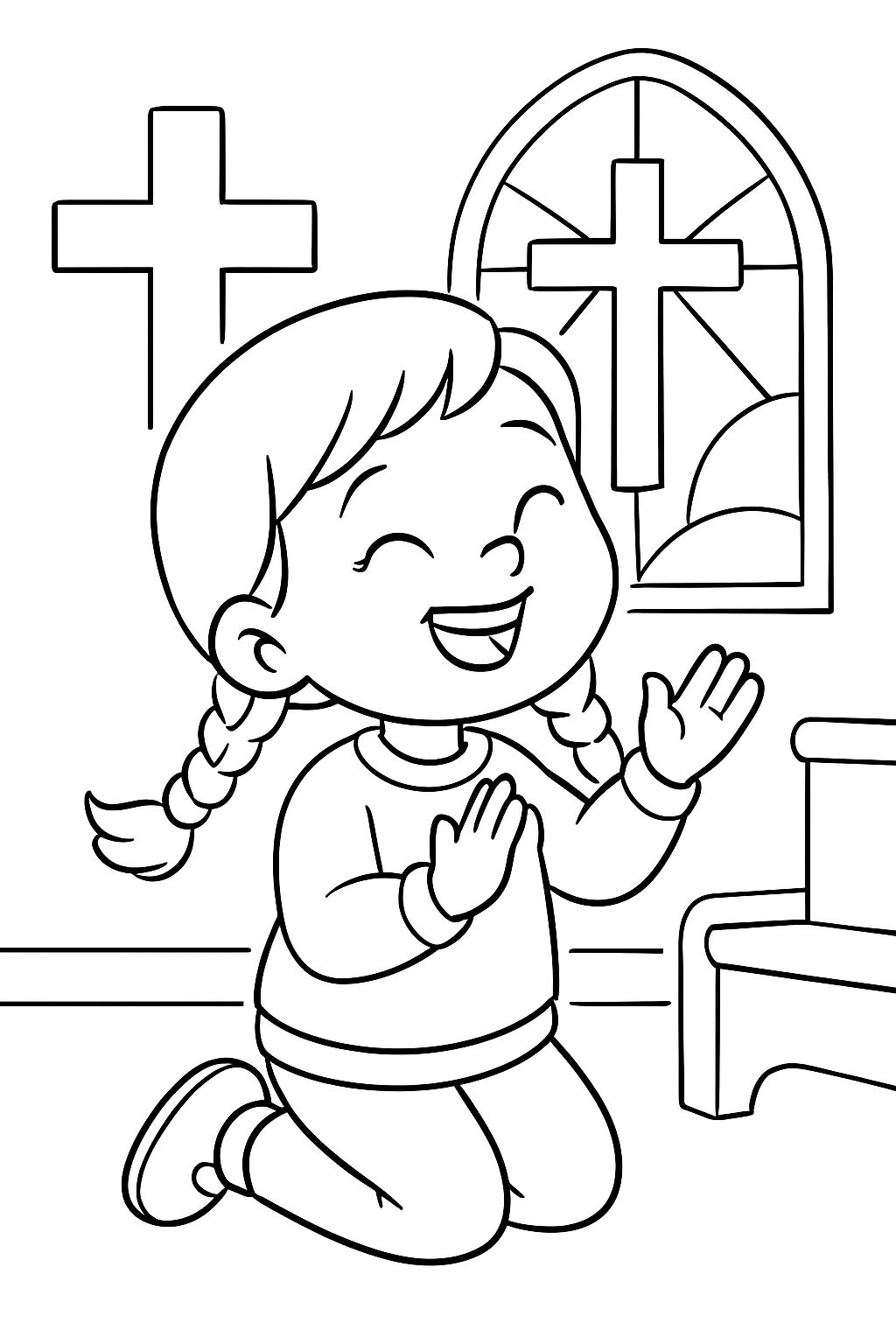 3 year old girl in braided pigtails, leggings, and a sweater, praising Jesus and praying at church.