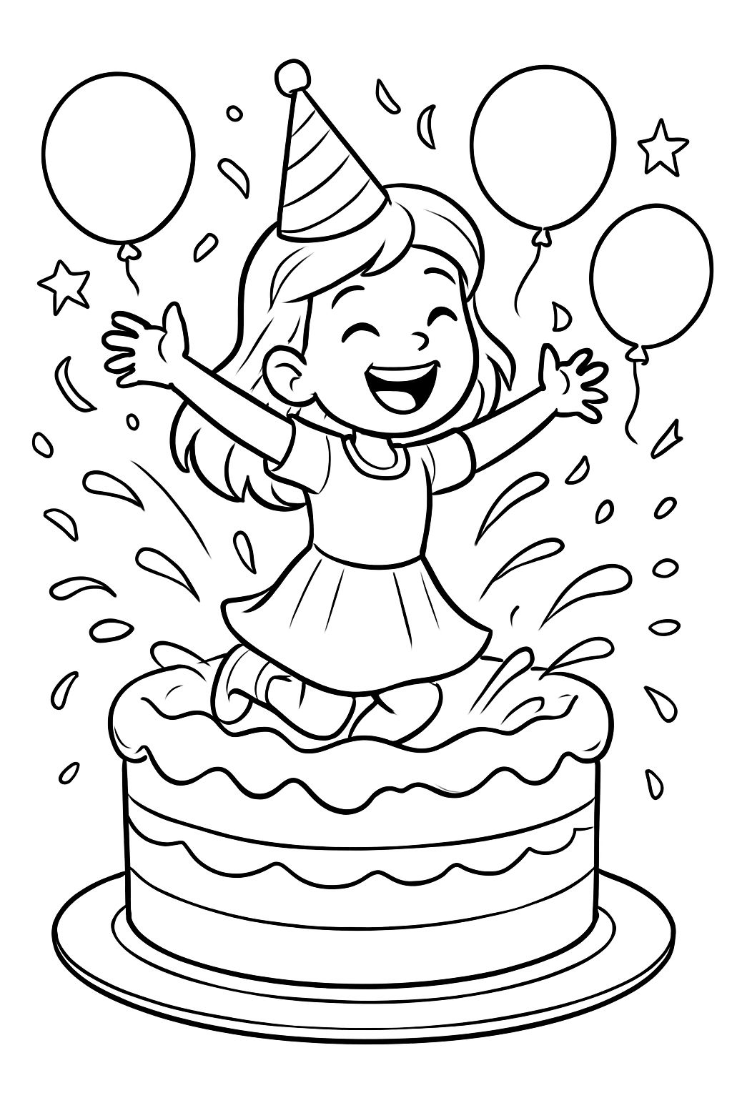 A birthday girl jumping out of a giant cake.