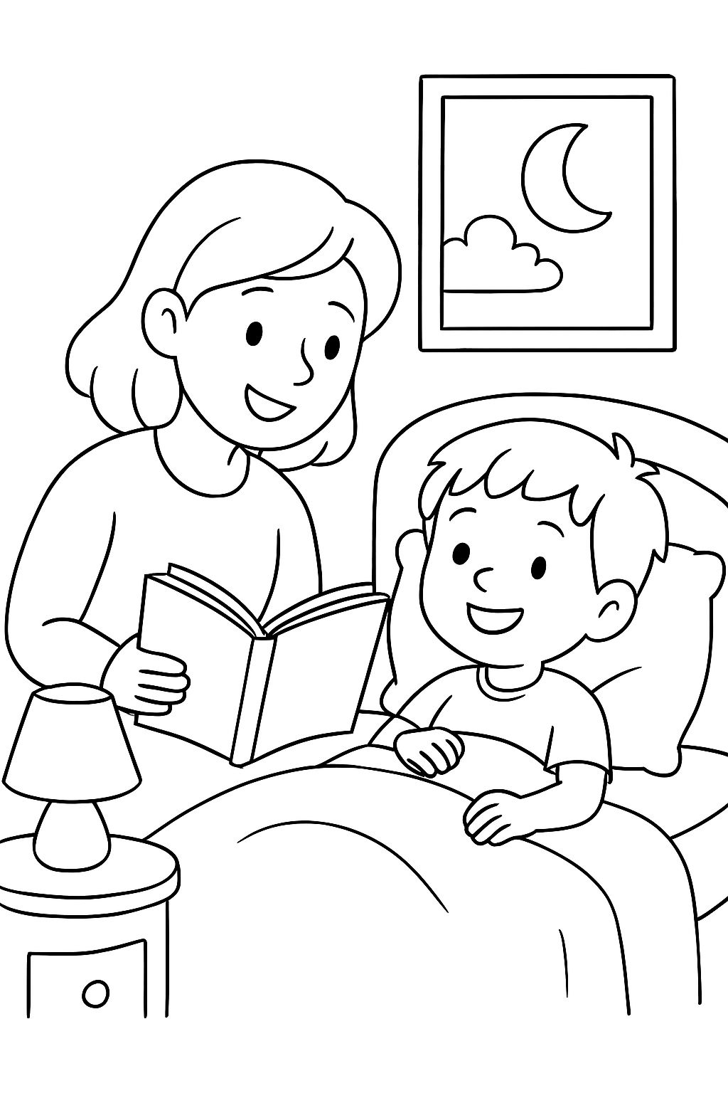 mutter liest einem Jungen im bett etwas vor