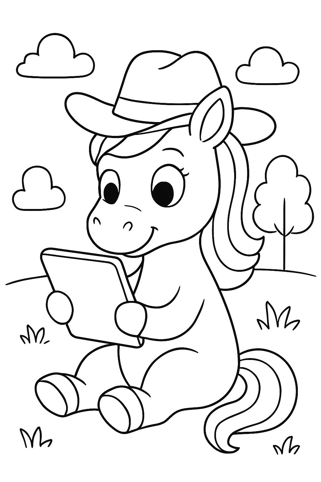 Um cavalo com um chapéu olhando para seu tablet.
