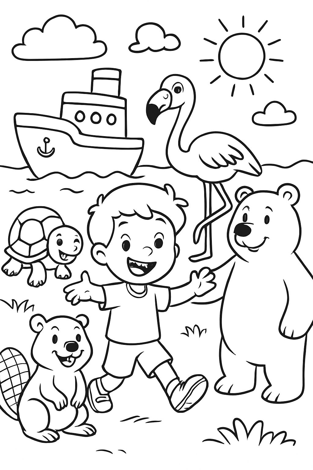 beaver, turtle, flamingo, polar bear, boy, ship, no