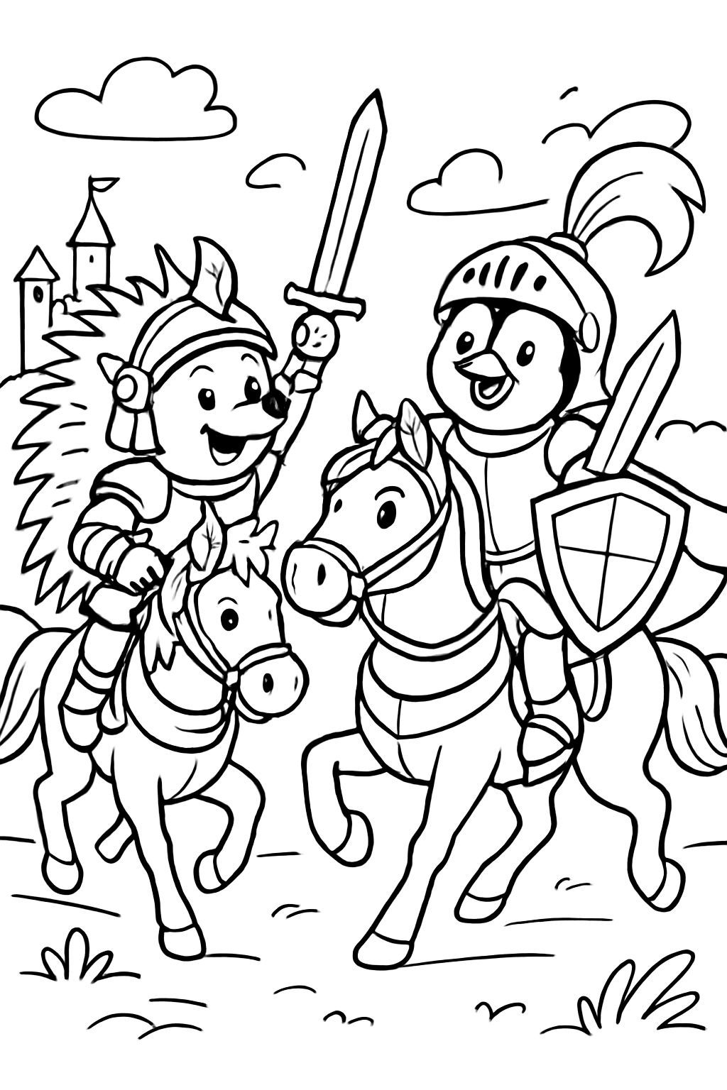 hérisson et pingouin en armure de chevalier sur des chevaux hérisson et pingouin en armure de chevalier sur des chevaux