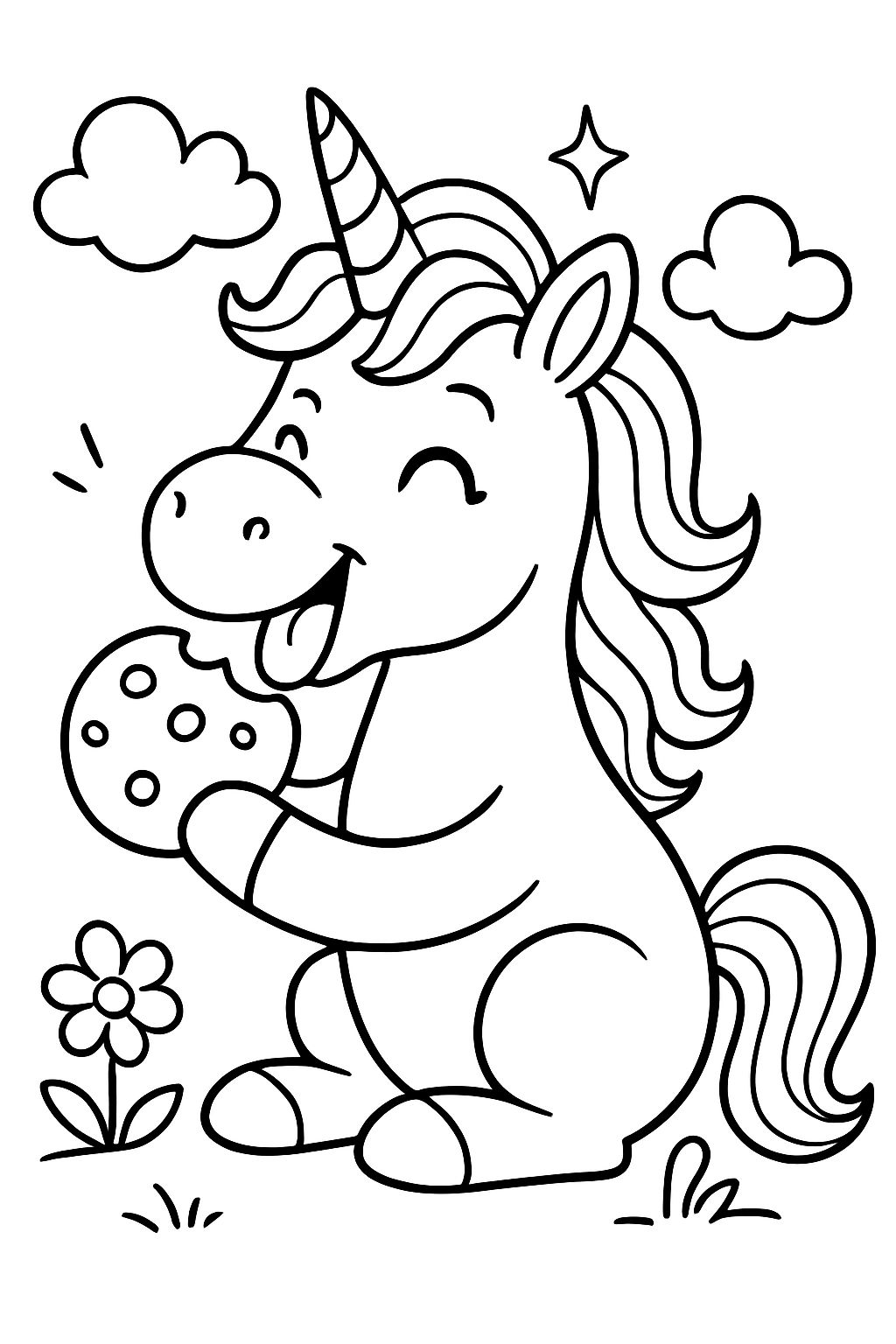 Mythisches Einhorn, das einen süßen Snack isst