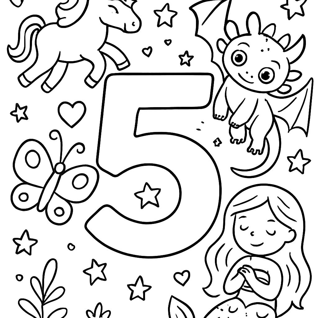 le chiffre 5 rempli de créatures magiques comme des licornes, des sirènes, le dragon sans dents, des papillons, des cœurs et des étoiles le chiffre 5 rempli de créatures magiques comme des licornes, des sirènes, le dragon sans dents, des papillons, des cœurs et des étoiles
