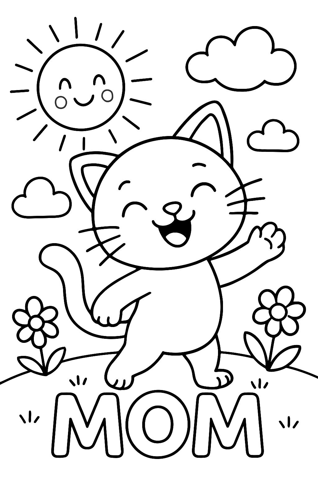 Chat au soleil avec MOM écrit en bas