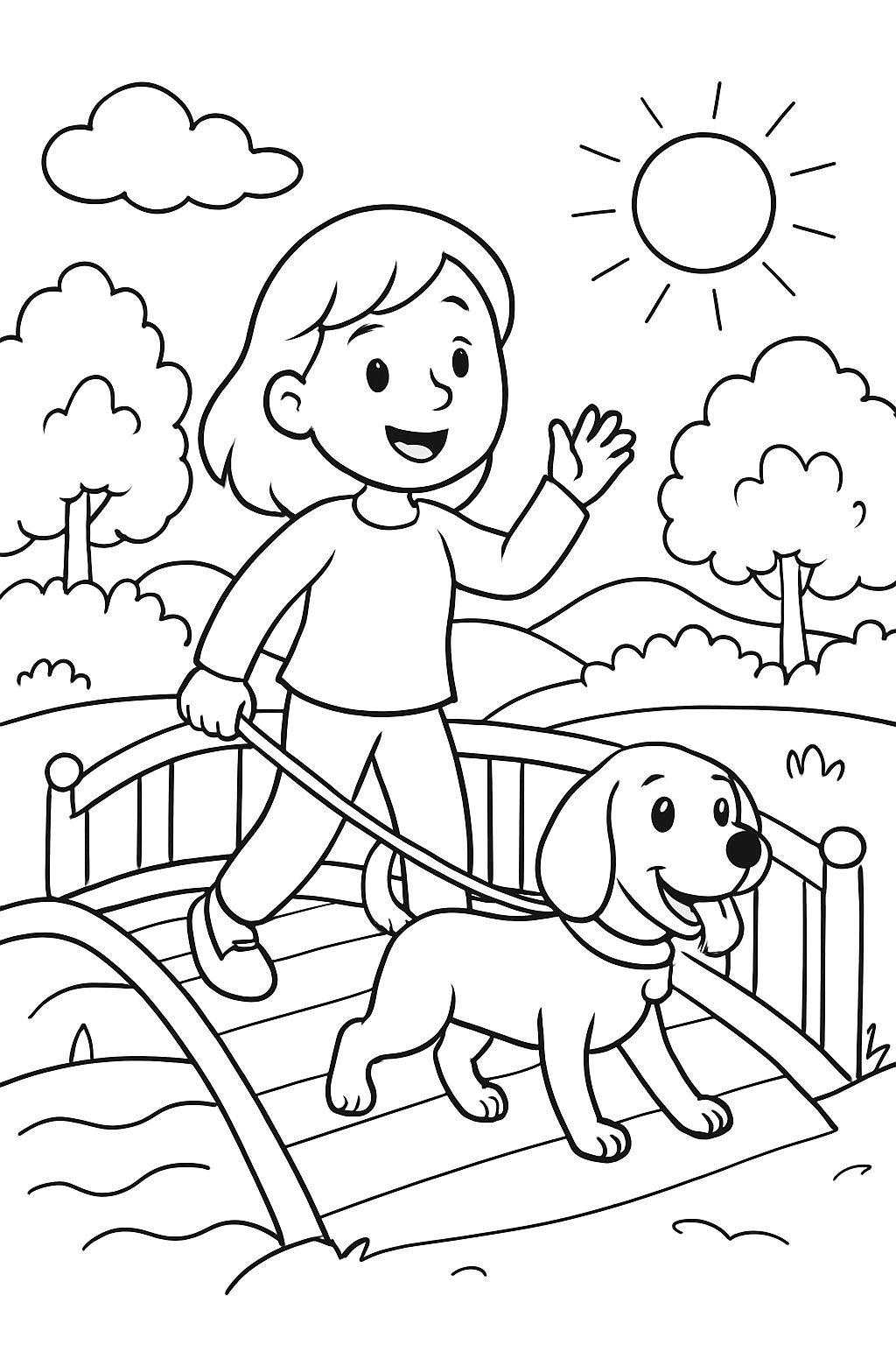 mom walking over a bridge with a beagle