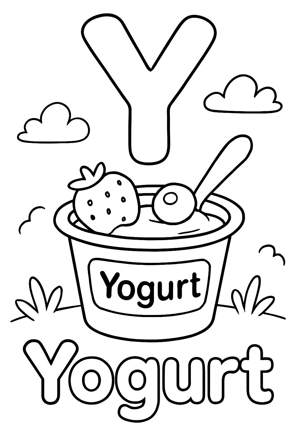 A large bubble “Y” is centered on top of the page. Under that is an image of an open container of yogurt with a strawberry and a blueberry on top, and “Yogurt” on the label. Under the image, put “Yogurt” in bubble letters.
