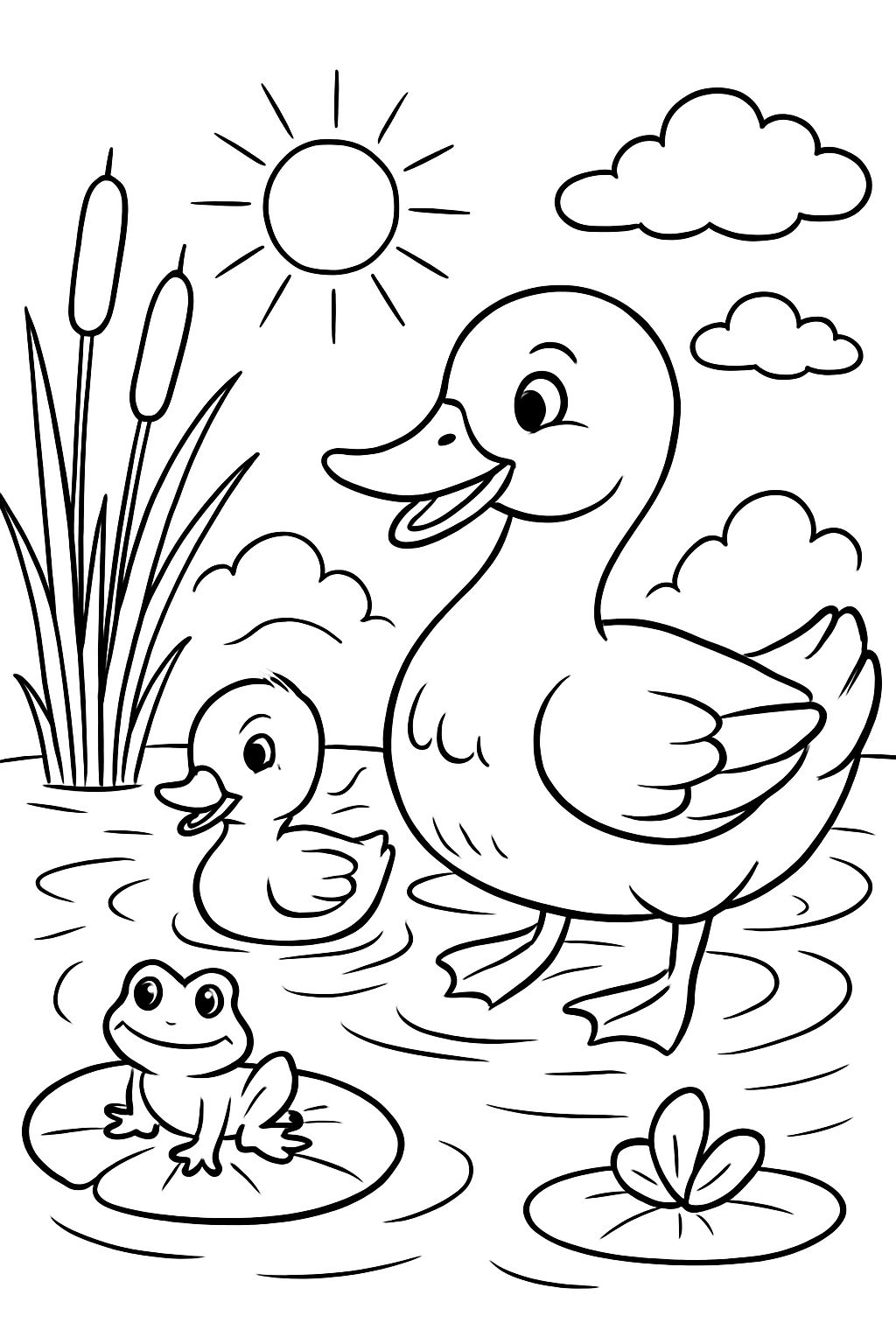 simple coloring page for kids of a mama duck and a baby duck in a pond, a frog on a lily pad, cattails coming out of the water, sun and clouds in the sky, black #000000 and white #ffffff, line art, thick lines, coloring book style, white background color #ffffff