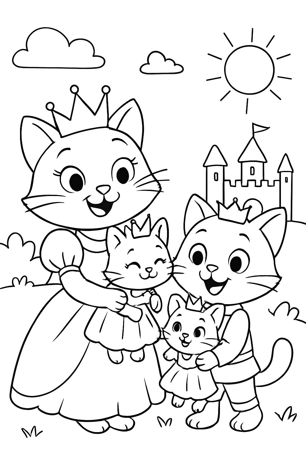 Uma princesa gata e um príncipe gato, a princesa com um vestido segurando nos braços duas princesinhas gatinhas com vestidos. Uma princesa gata e um príncipe gato, a princesa com um vestido segurando nos braços duas princesinhas gatinhas com vestidos.