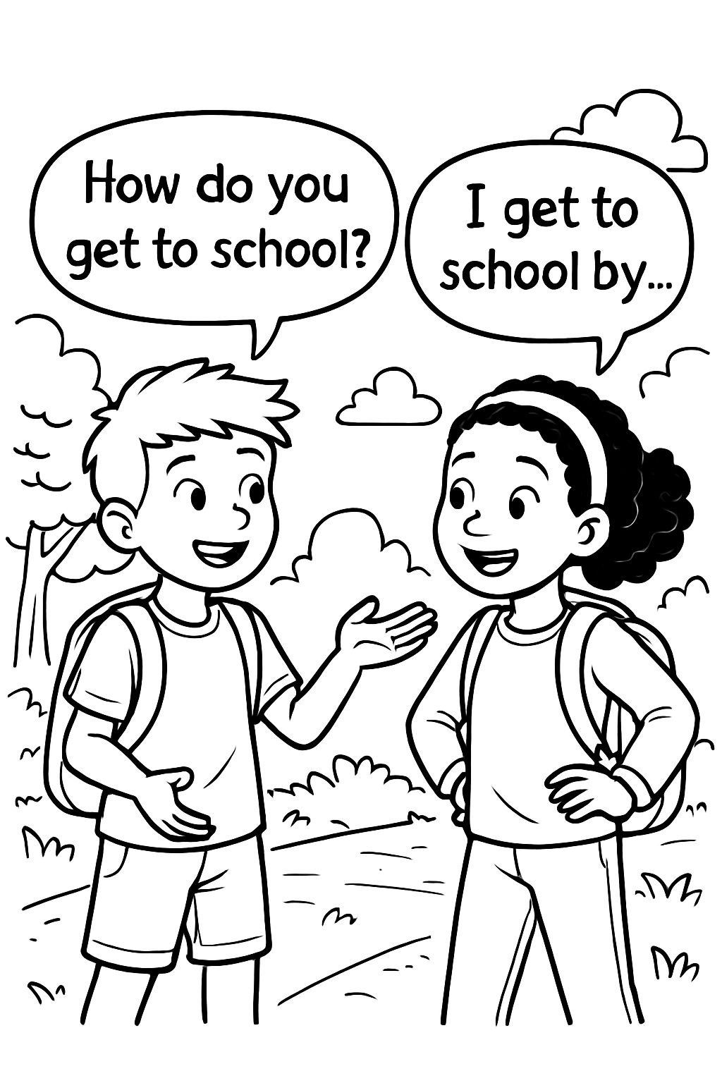 Zwei sich gegenüberstehende kinder mit sprechblasen. In der einen sprechblase steht: How do you get to school? In der anderen Sprechblase steht: I get to school by …