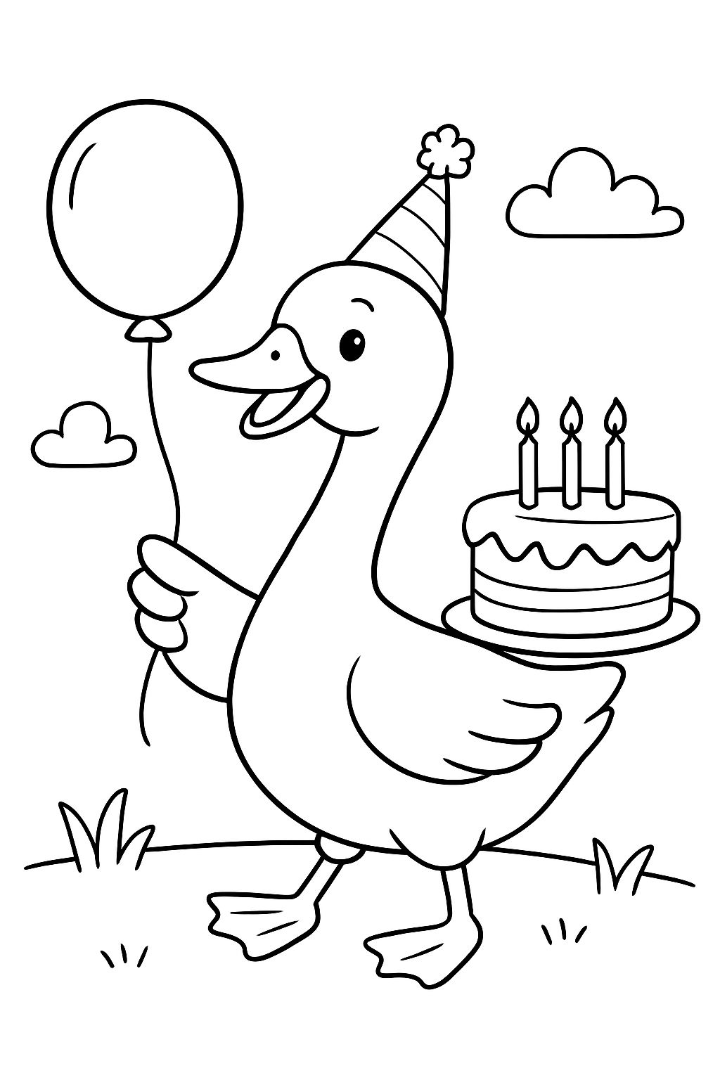 Goose birthday holding balloon & cake