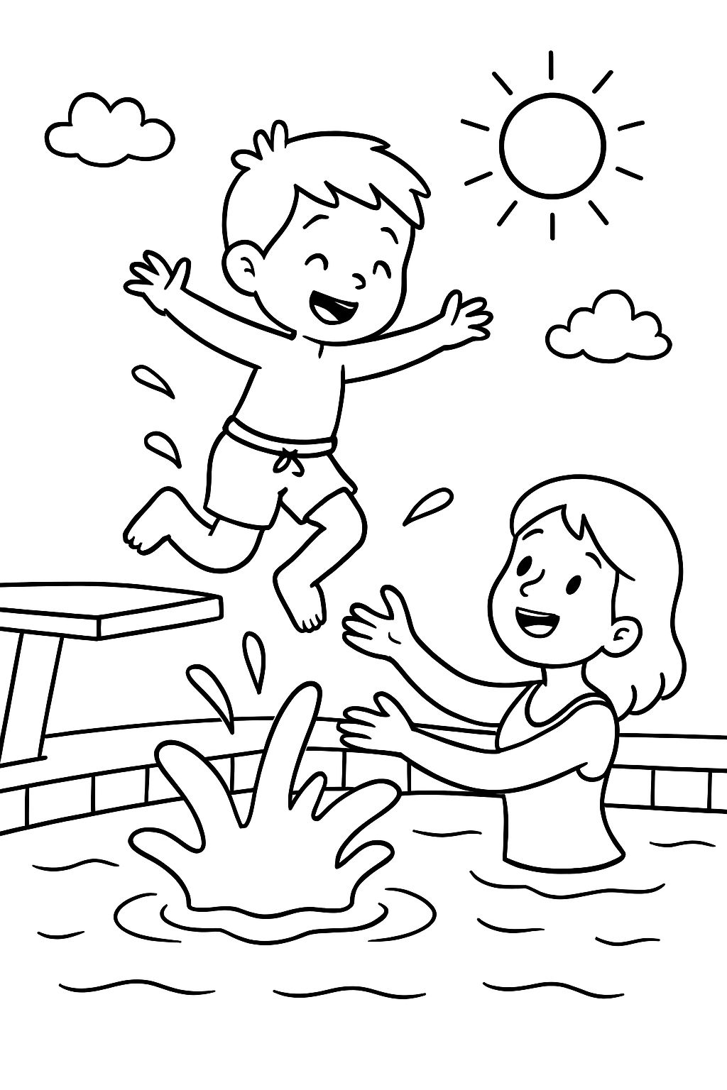 A little boy jumping into the water with a big splash from a diving board in the swimming pool. Mom is standing in the water to catch him. A little boy jumping into the water with a big splash from a diving board in the swimming pool. Mom is standing in the water to catch him.