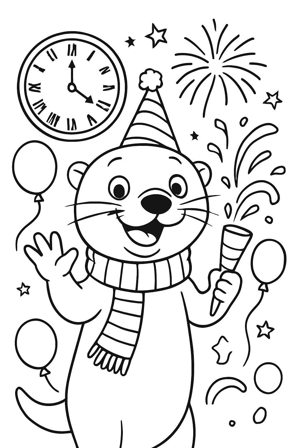 uma lontra celebrando a véspera de Ano Novo