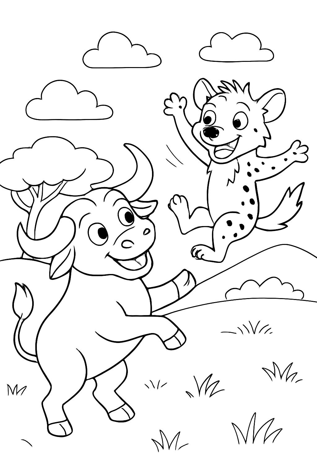 Büffel, der einen Hyänen einen Tritt gibt und sie durch die Luft wirft.