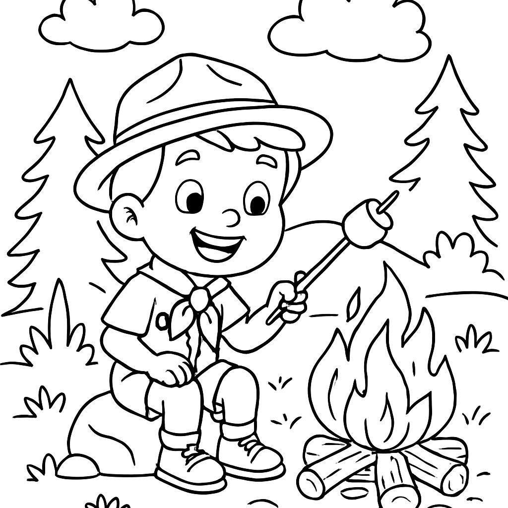 A child wearing a scouts uniform sitting by a campfire roasting a marshmallow. A child wearing a scouts uniform sitting by a campfire roasting a marshmallow.