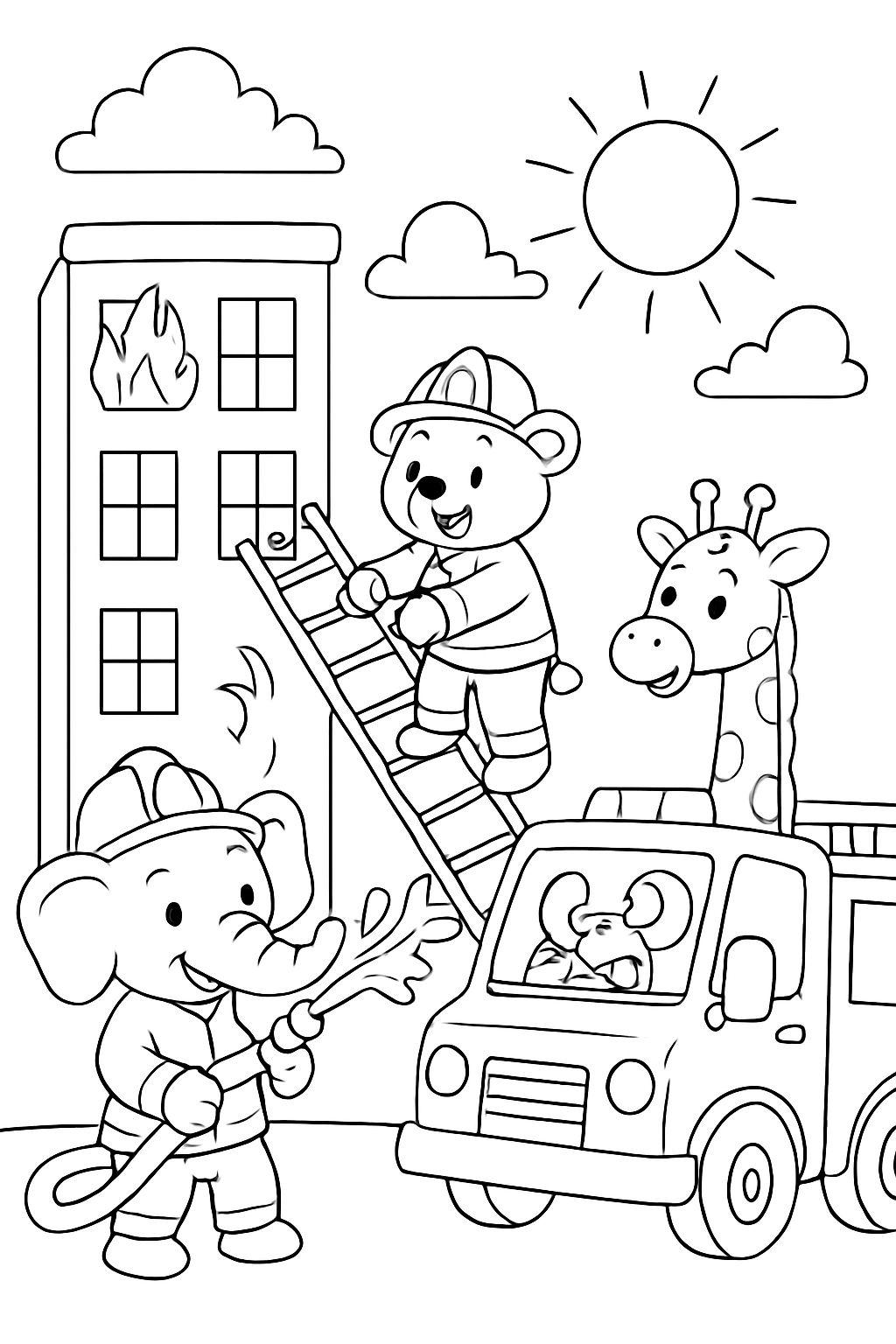 The animal fire brigade on a mission. A skyscraper is burning.