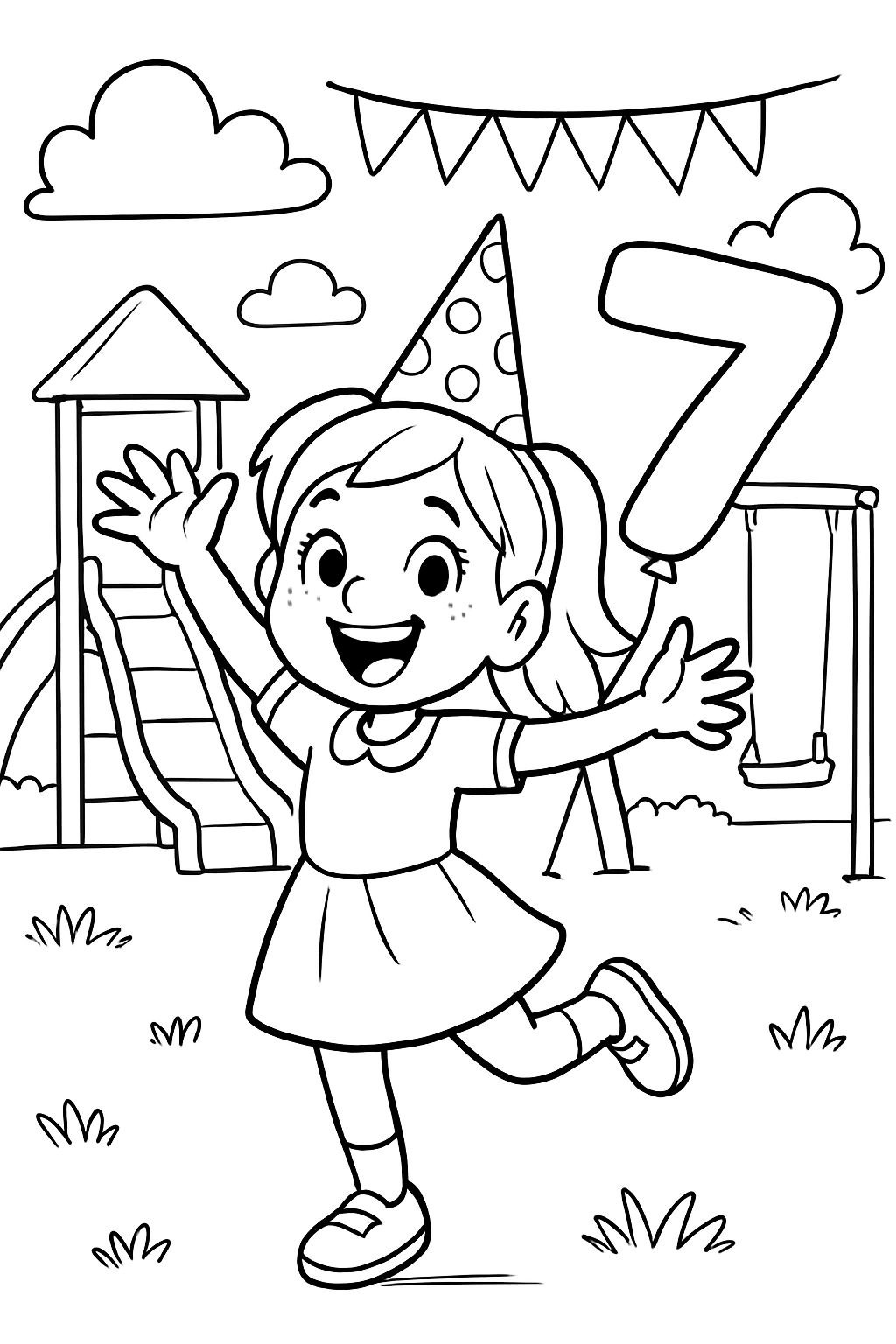 Menina pequena no parquinho comemorando seu 7º aniversário Menina pequena no parquinho comemorando seu 7º aniversário