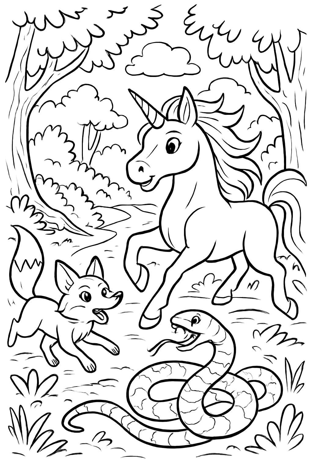 renard serpent et licorne dans la forêt