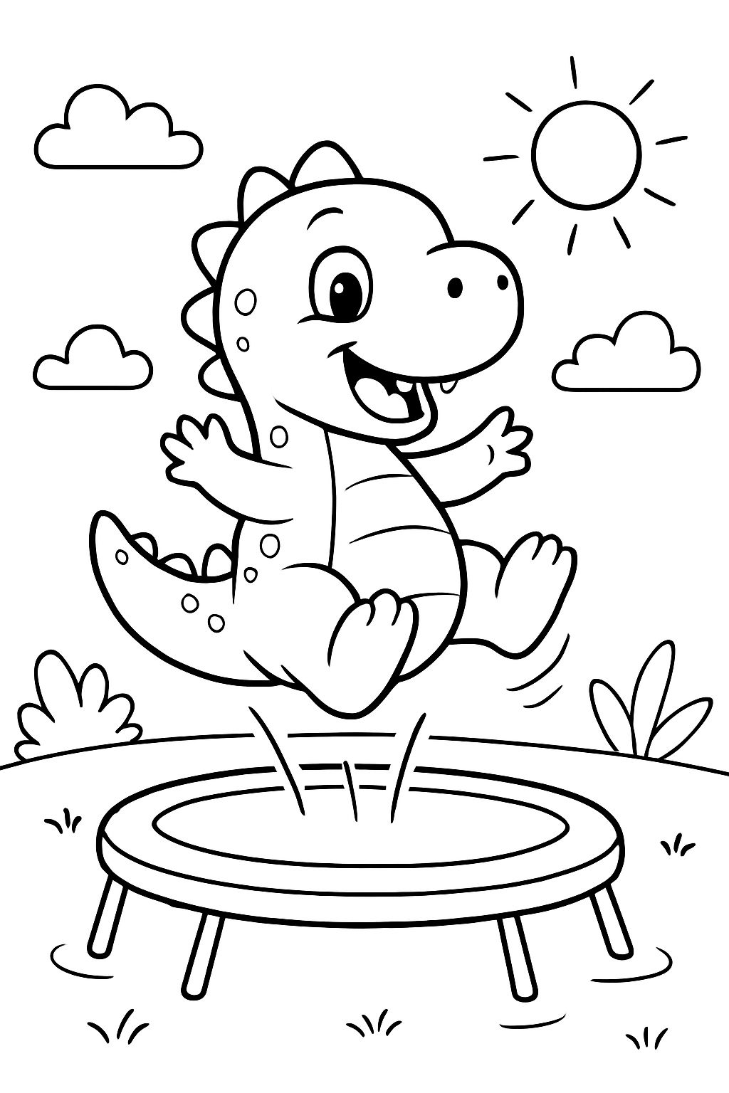 a cute dinosaur jumping on a trampoline