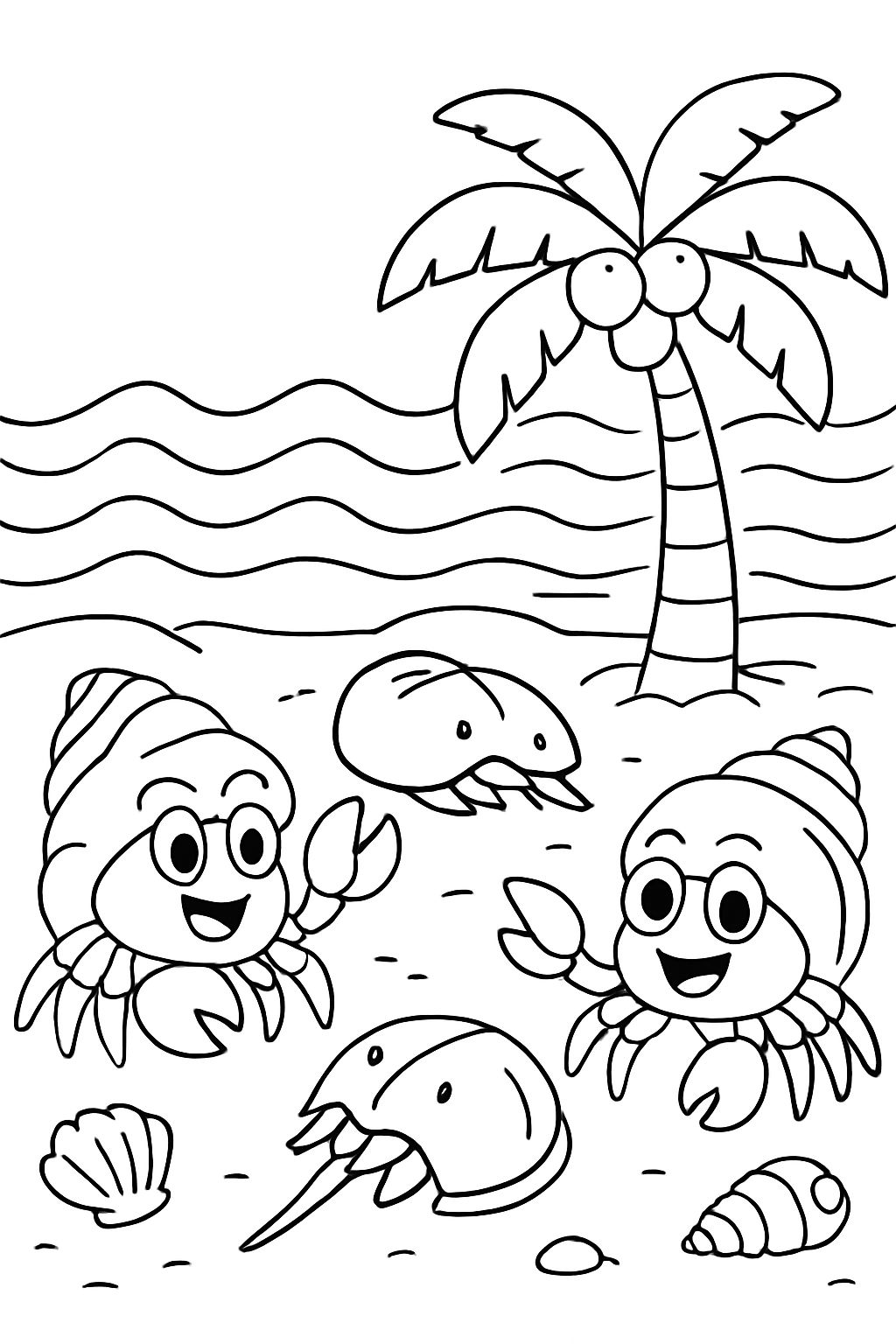 Playa con conchas, palmera con cocos, cangrejos herradura y cangrejos ermitaños. Olas de fondo