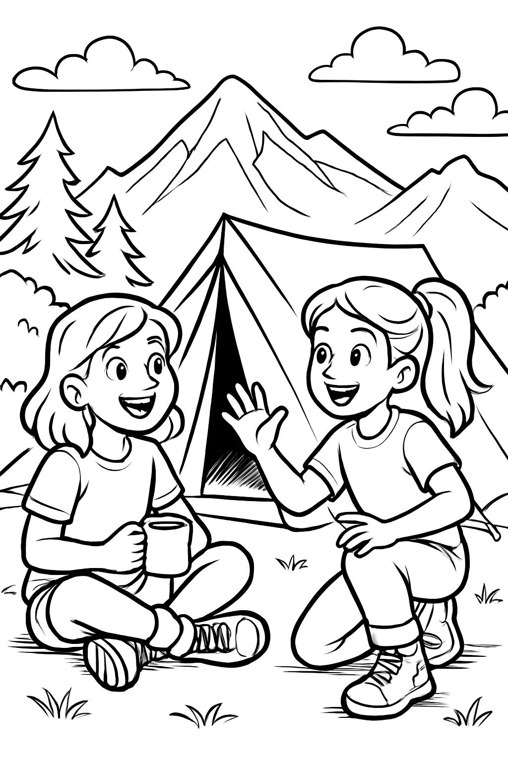 Two girls in a tent camping by mountain.