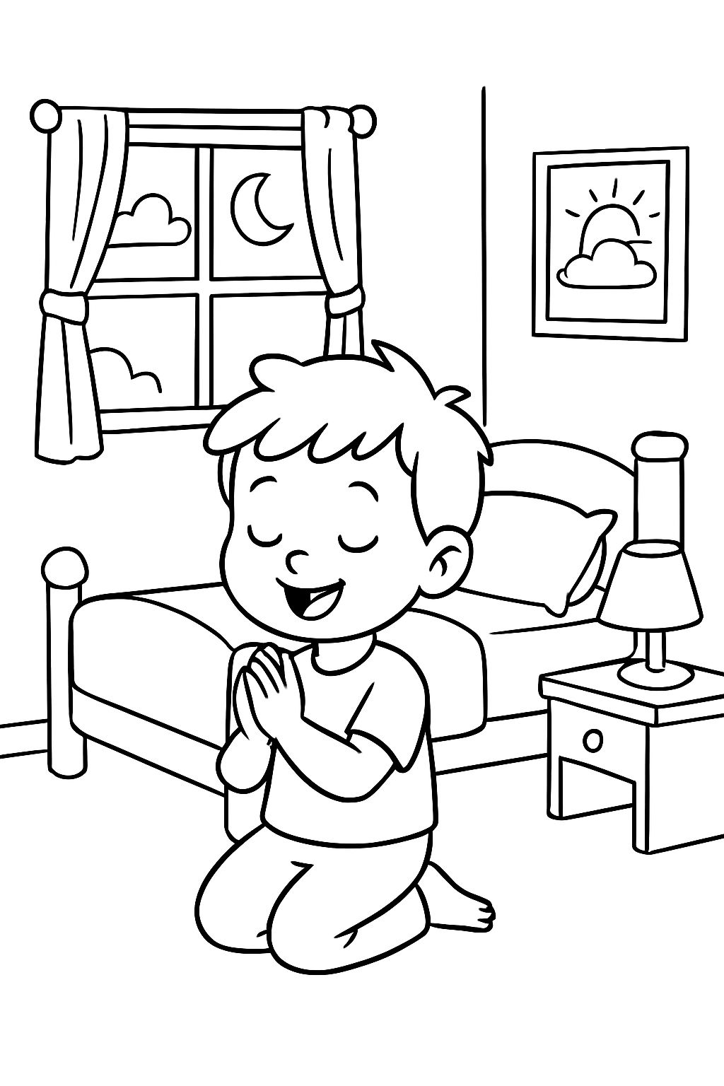menino orando em seu quarto