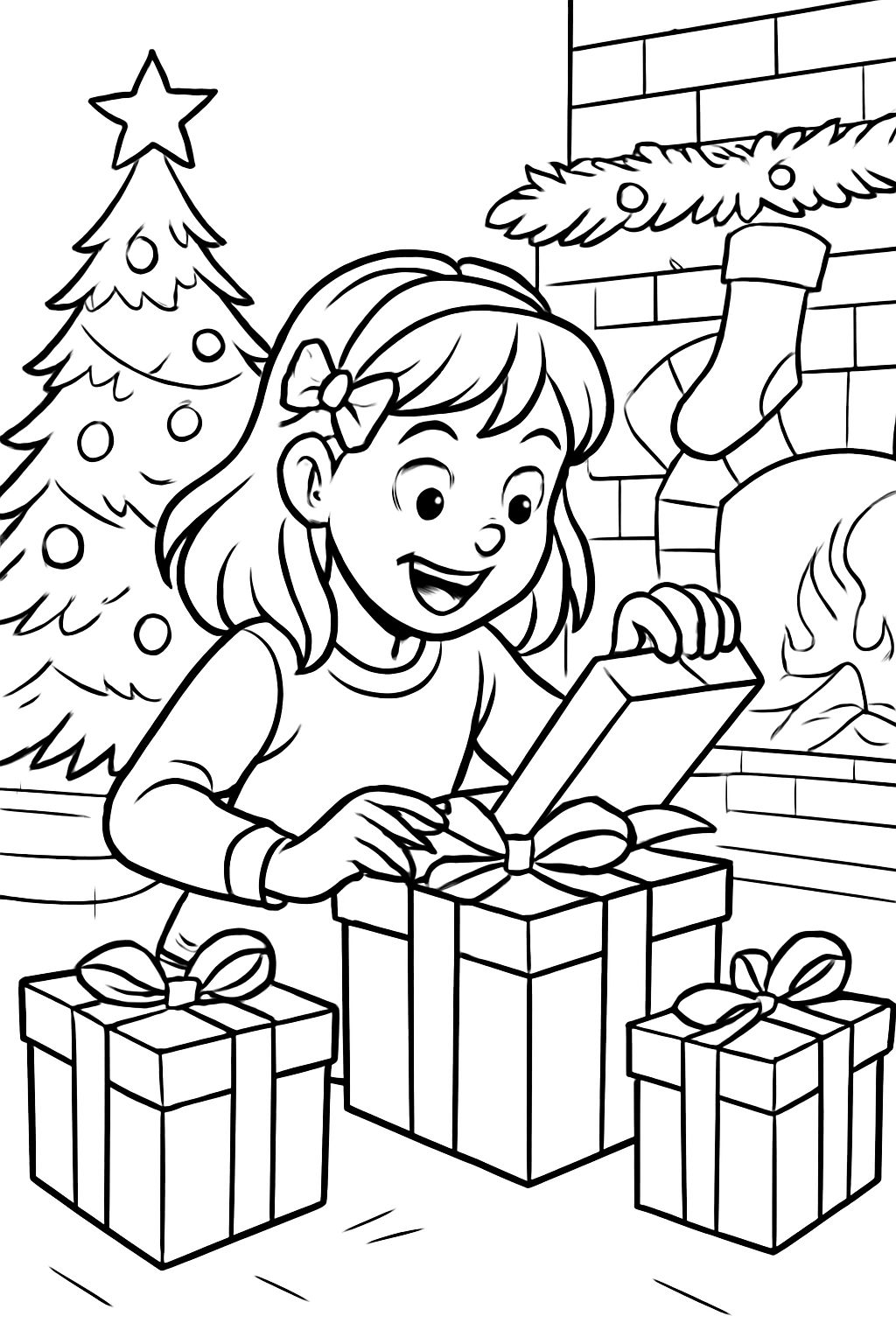 Une fille ouvrant des cadeaux à Noël