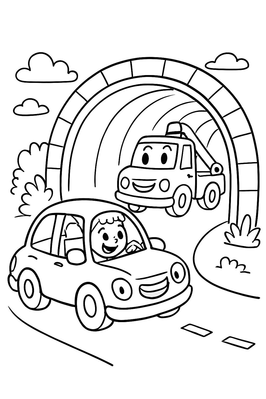 a car driving through a tunnel with a tow truck inside the tunnel.