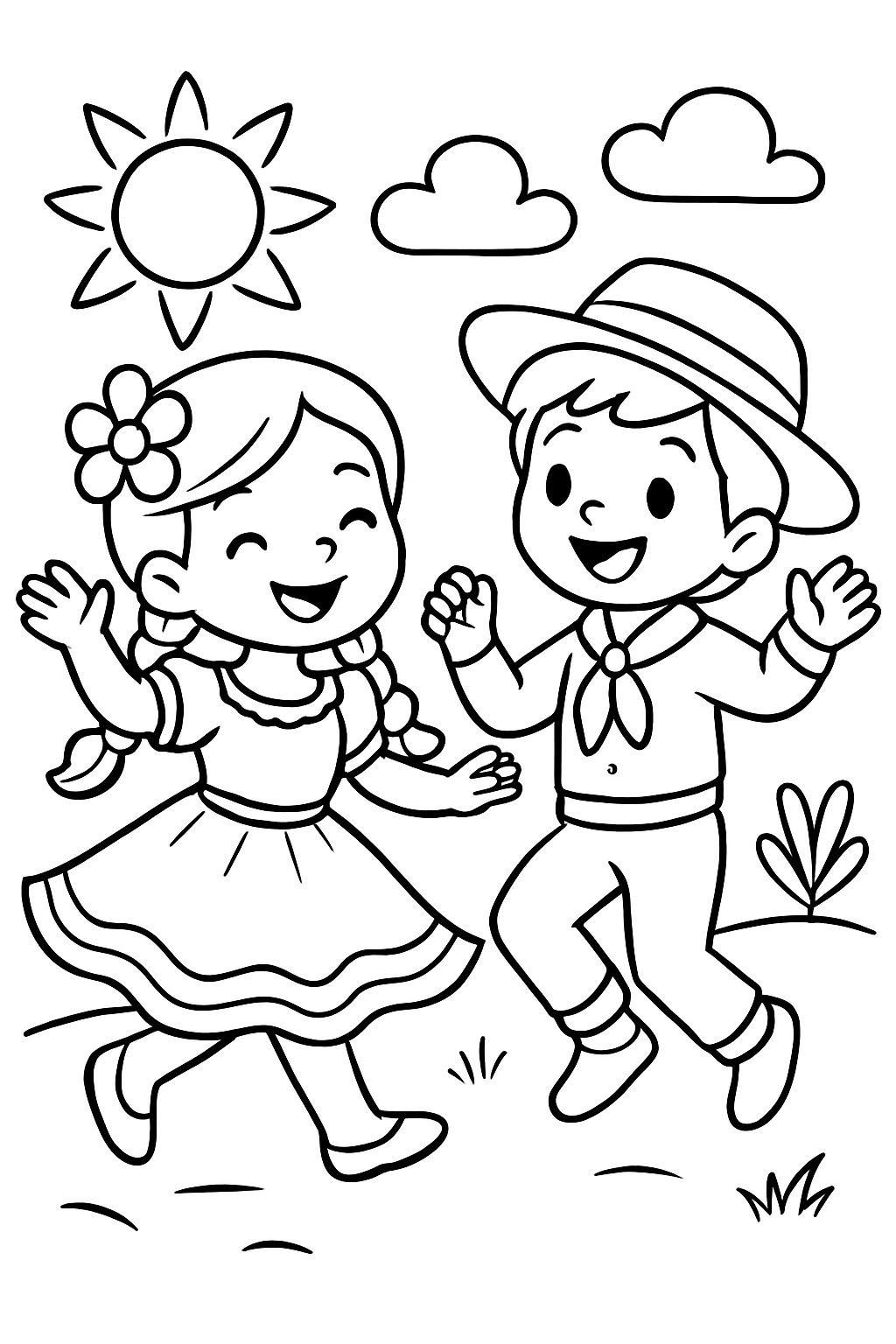 Menina e menino dançam folklore.