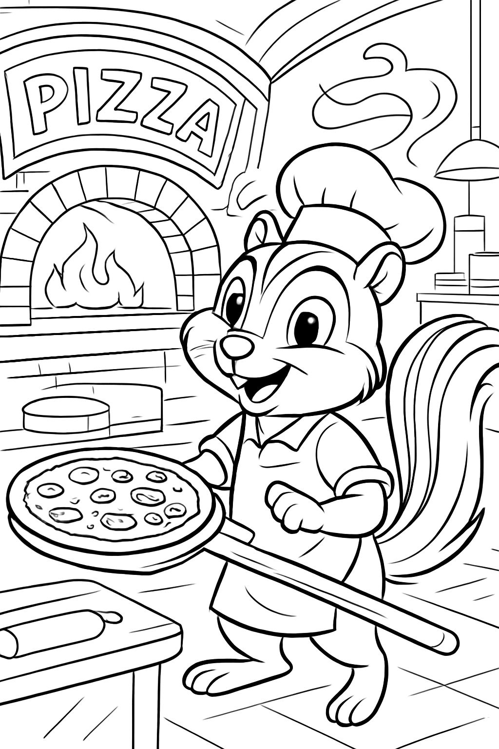 A chipmunk working in a pizzeria
