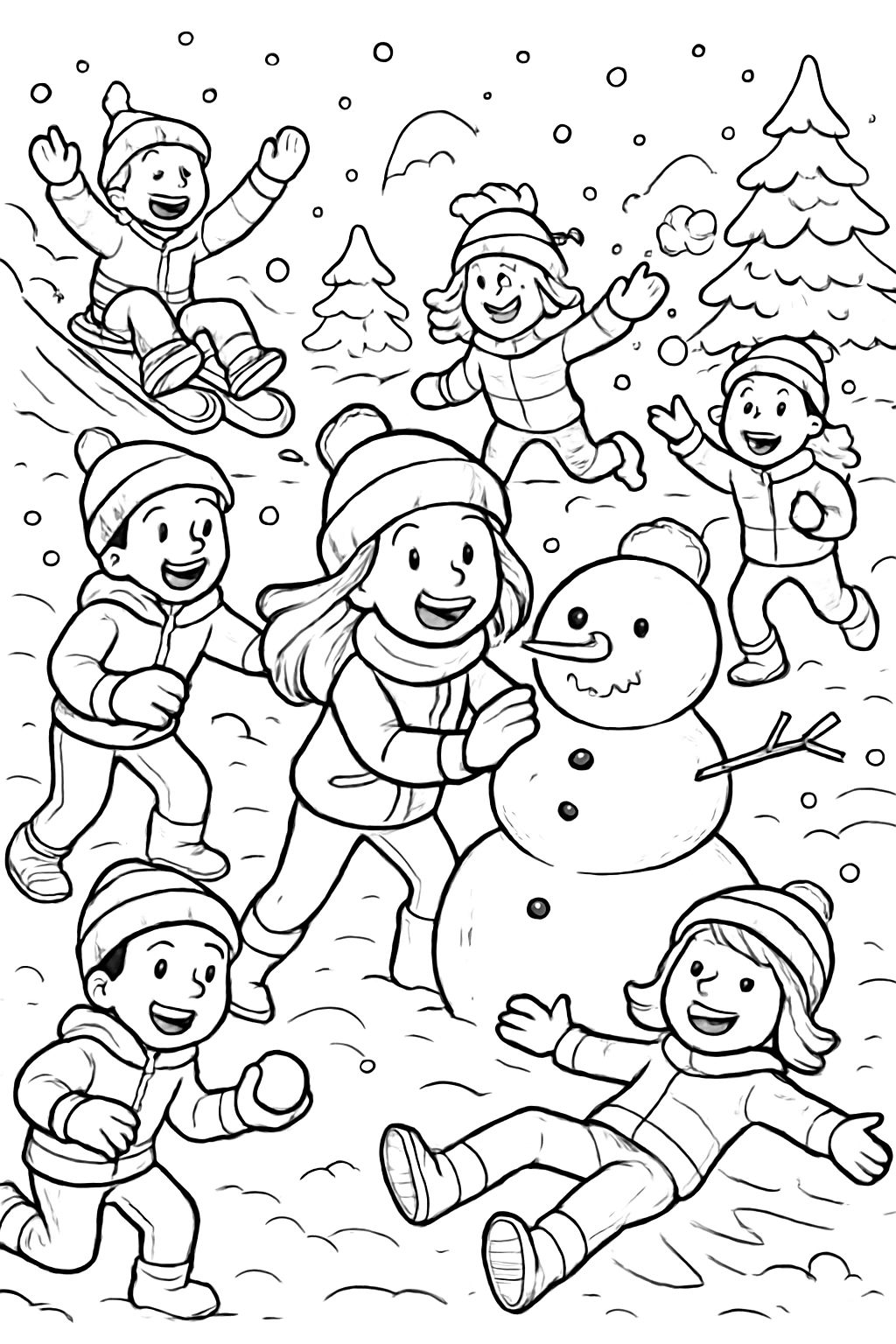 Eight children playing in the snow