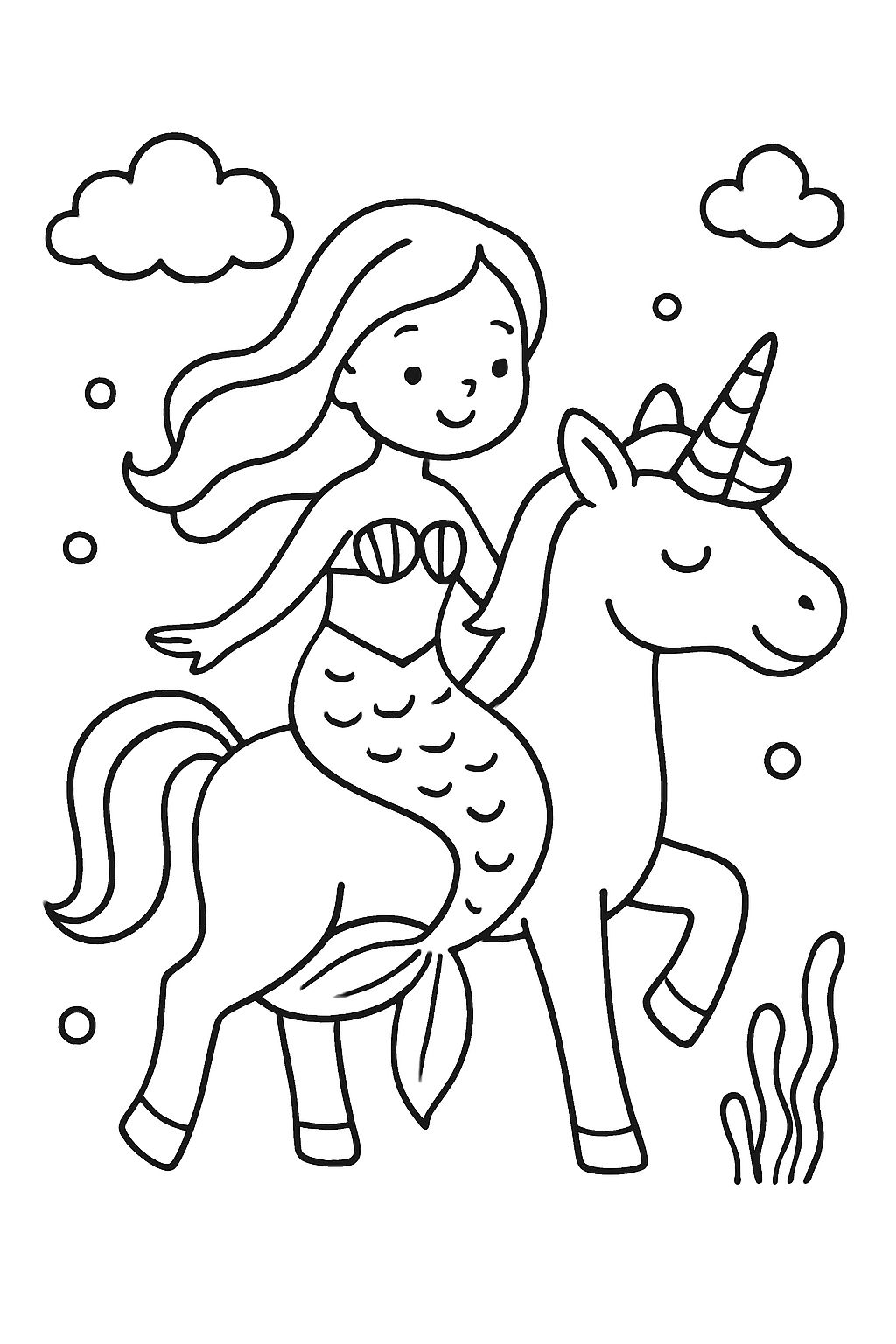 Une sirène chevauchant une licorne.