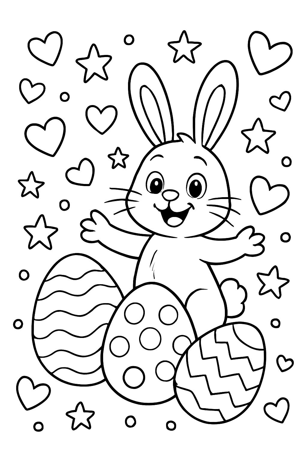 Trois œufs de Pâques, un lapin de Pâques et beaucoup de cœurs et d'étoiles