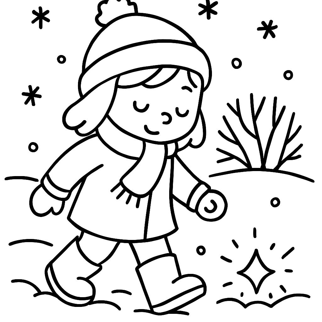Schwarz-weiß Ausmalbild: Mädchen stapft durch verschneiten Garten, Schneeflocken fallen, kleiner funkelnder Stein im Schnee, einfache Konturen, kindgerecht, magische Funken um den Stein Schwarz-weiß Ausmalbild: Mädchen stapft durch verschneiten Garten, Schneeflocken fallen, kleiner funkelnder Stein im Schnee, einfache Konturen, kindgerecht, magische Funken um den Stein