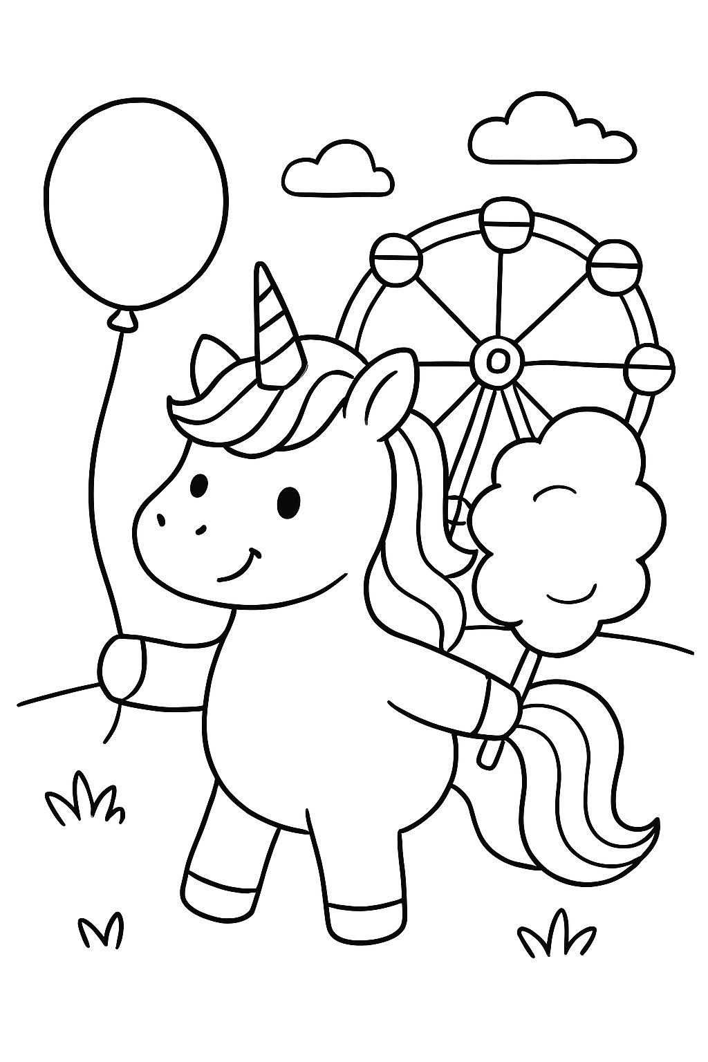 Un unicorn avec un ballon et de la barbe à papa devant une grande roue Un unicorn avec un ballon et de la barbe à papa devant une grande roue