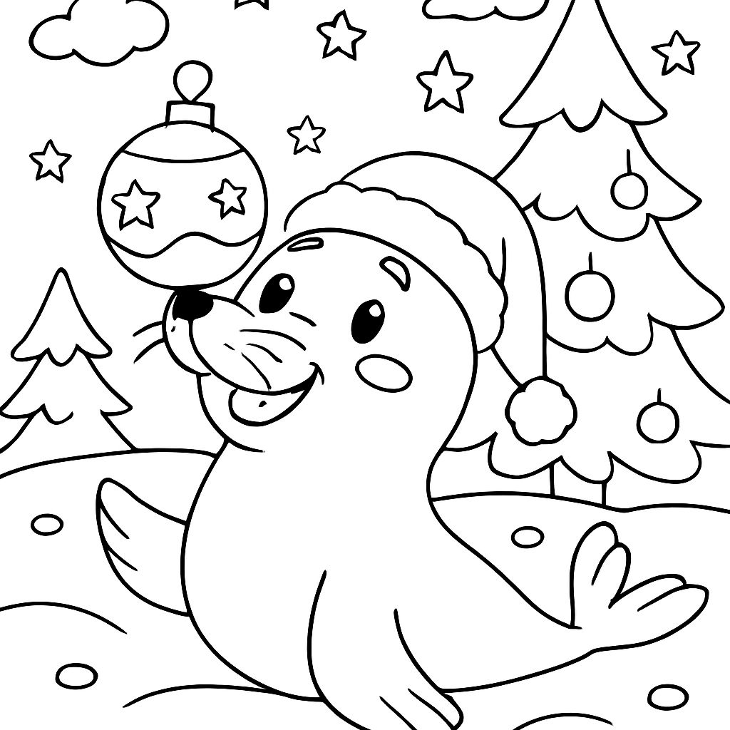 Seal with Santa hat and Christmas ornaments on its nose Seal with Santa hat and Christmas ornaments on its nose