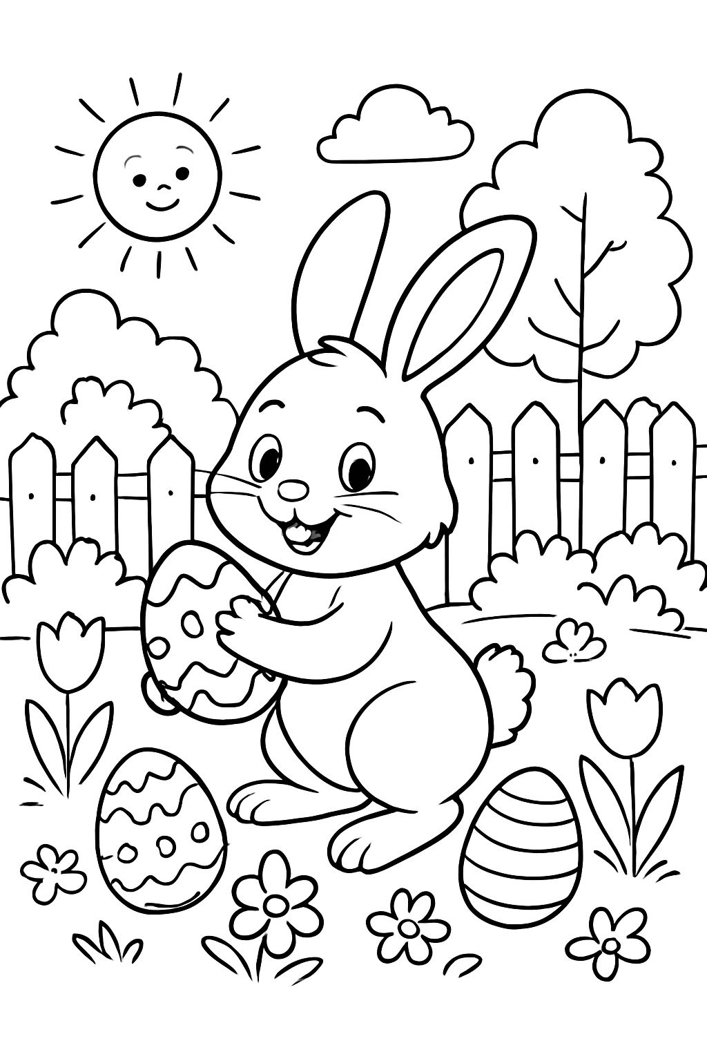 Easter bunny hiding eggs in the garden