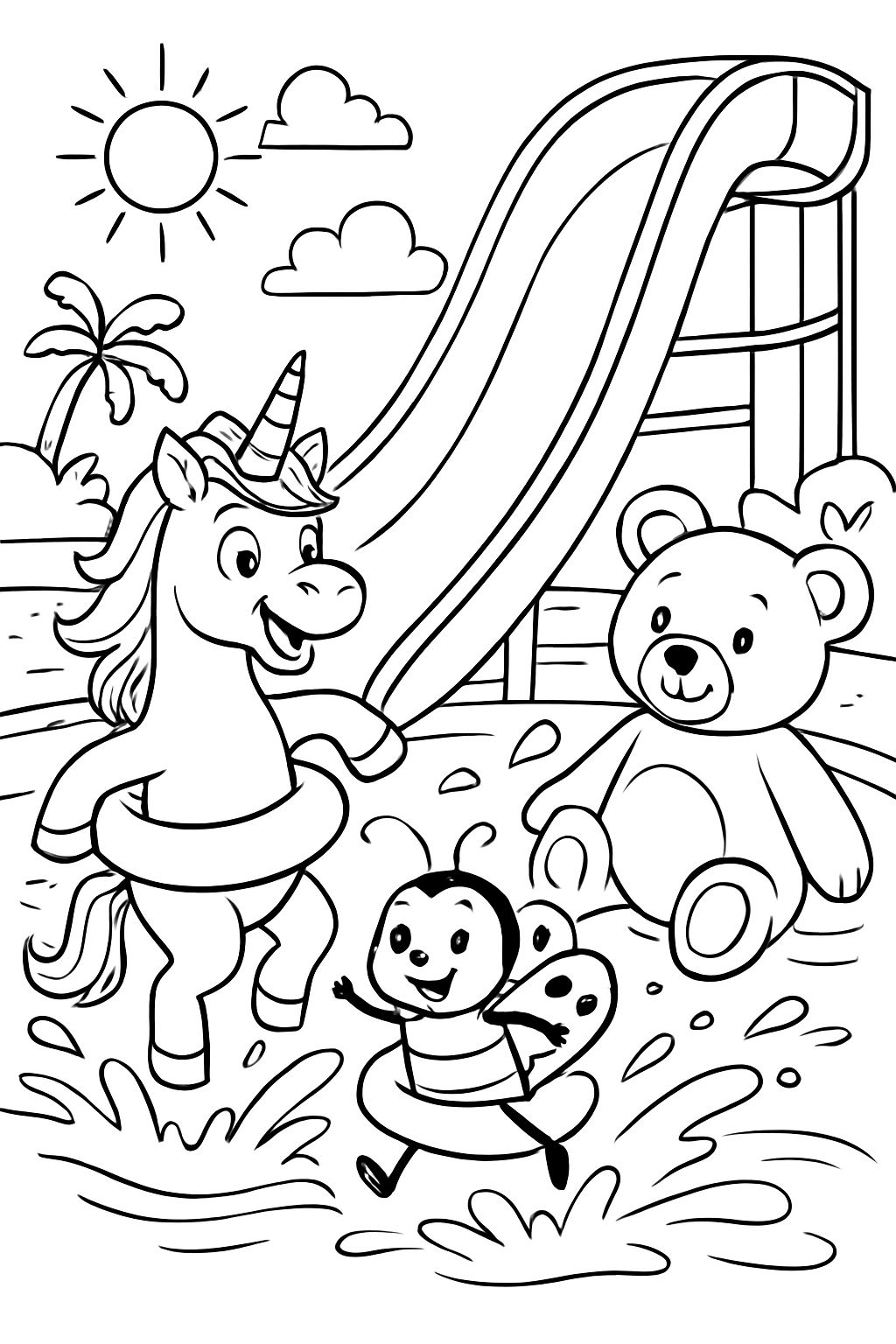 Ein einhorn, ein Käfer und ein Teddy gehen in ein Schwimmbad mit einer langen Rutsche Ein einhorn, ein Käfer und ein Teddy gehen in ein Schwimmbad mit einer langen Rutsche