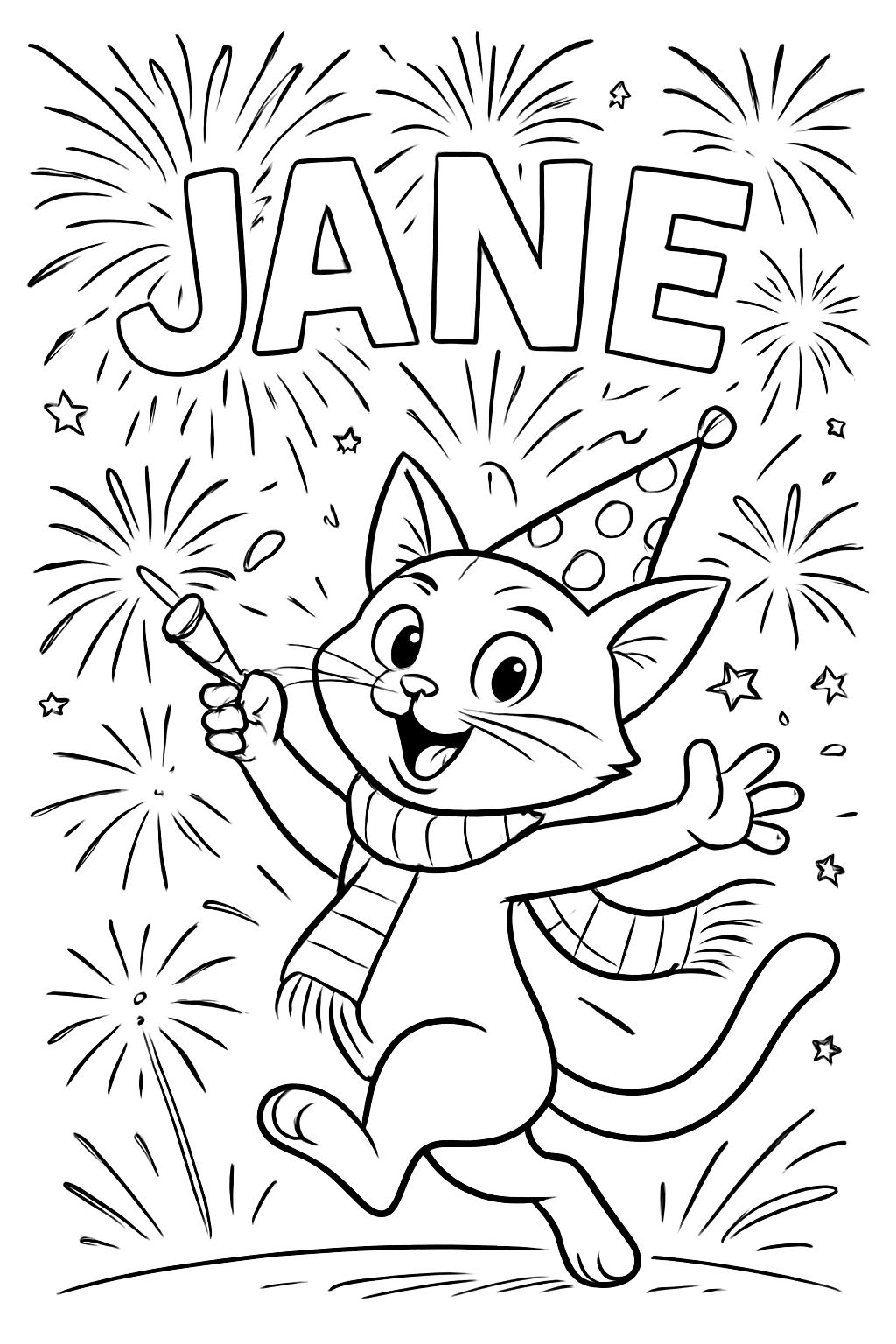A cat celebrating new years with firework letters saying JANE. A cat celebrating new years with firework letters saying JANE.