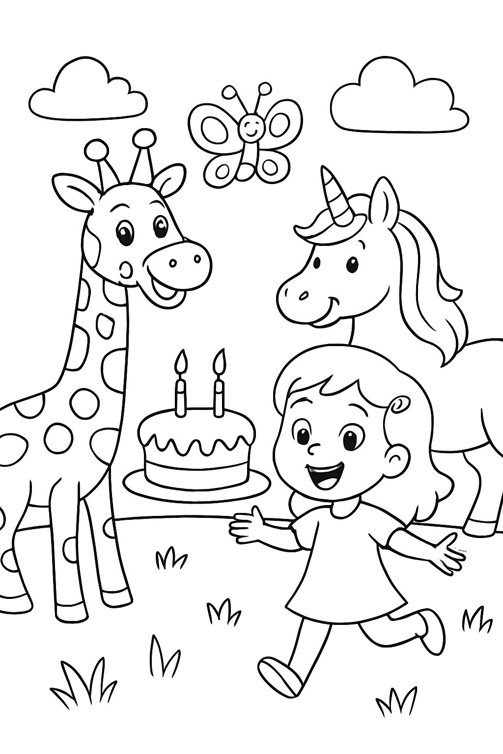 Birthday giraffe, butterfly, and unicorn with girl