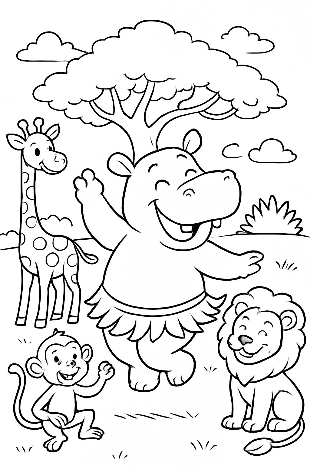 Um hipopótamo dançando dança do ventre, cercado por amigos da safári. Um hipopótamo dançando dança do ventre, cercado por amigos da safári.