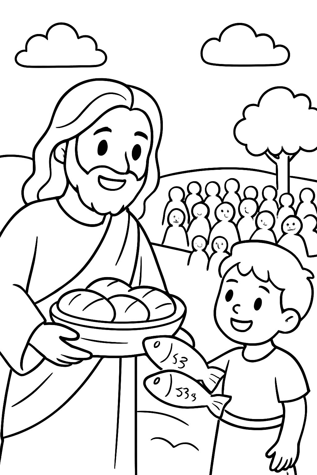 Jesus and the boy feeding the people with the two fish and five loaves of bread. Jesus and the boy feeding the people with the two fish and five loaves of bread.