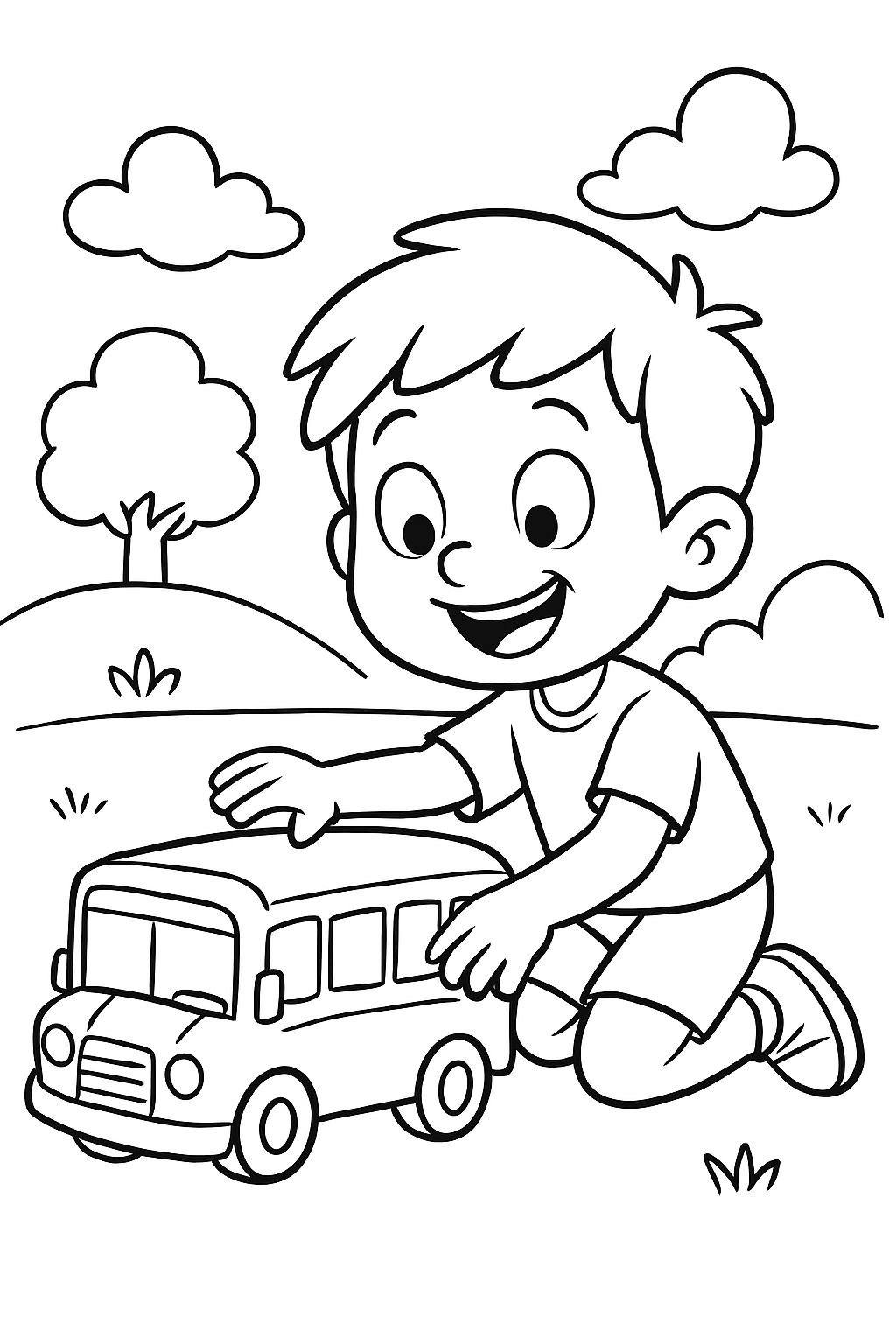 Kleiner Junge spielt mit einem Schulbus