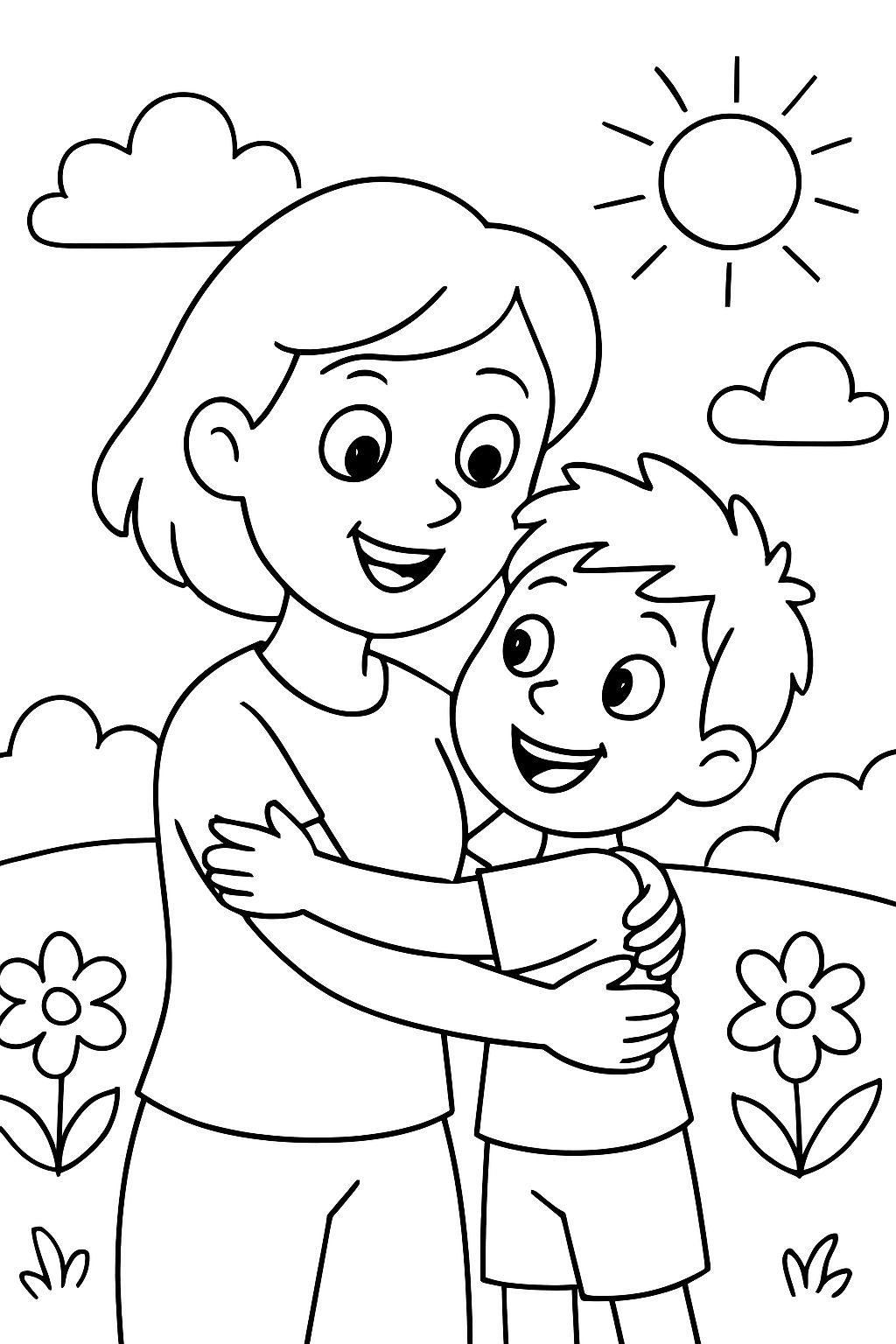 Mom with short hair hugging her 5-year-old son.