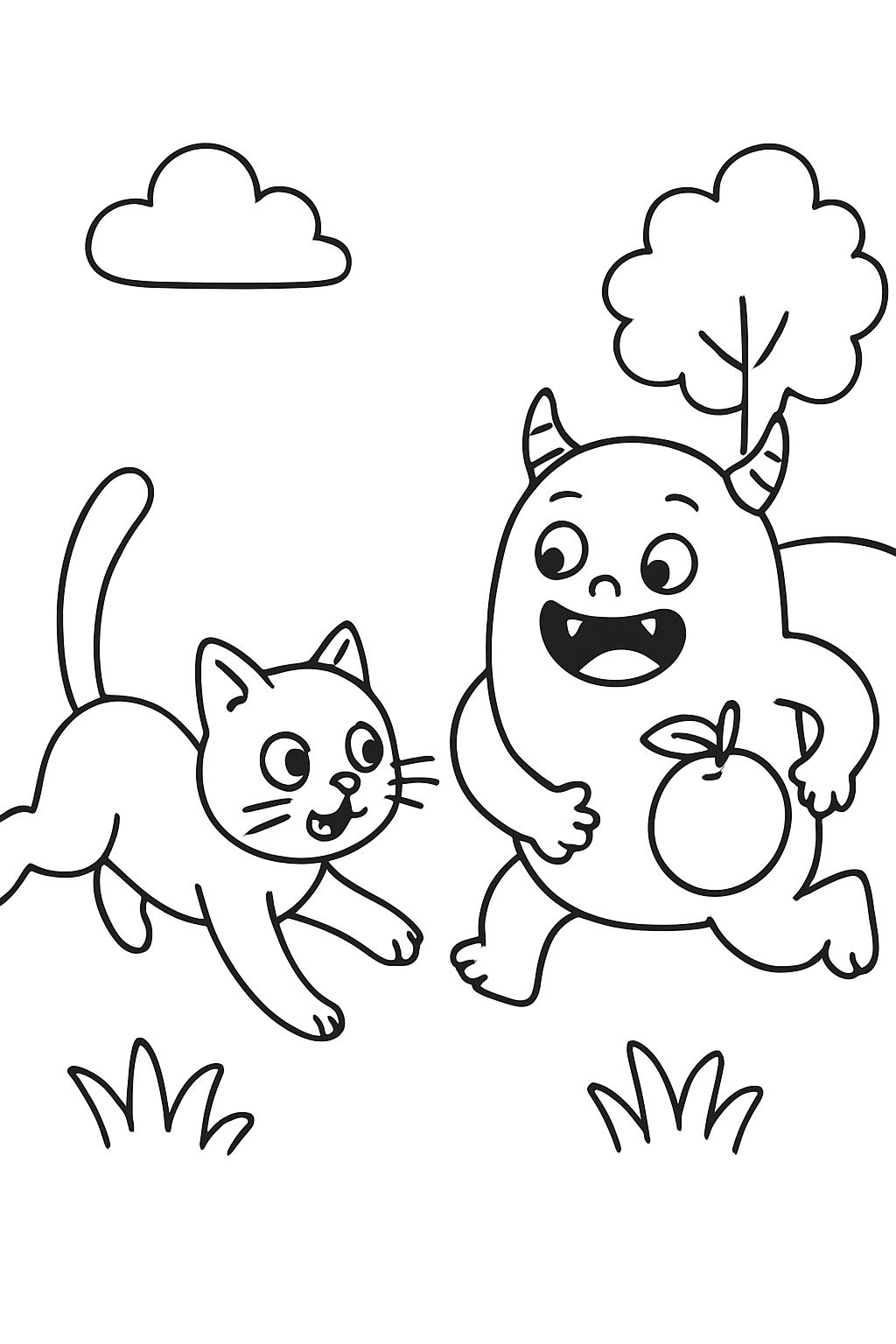 A cat chasing a monster with plum.