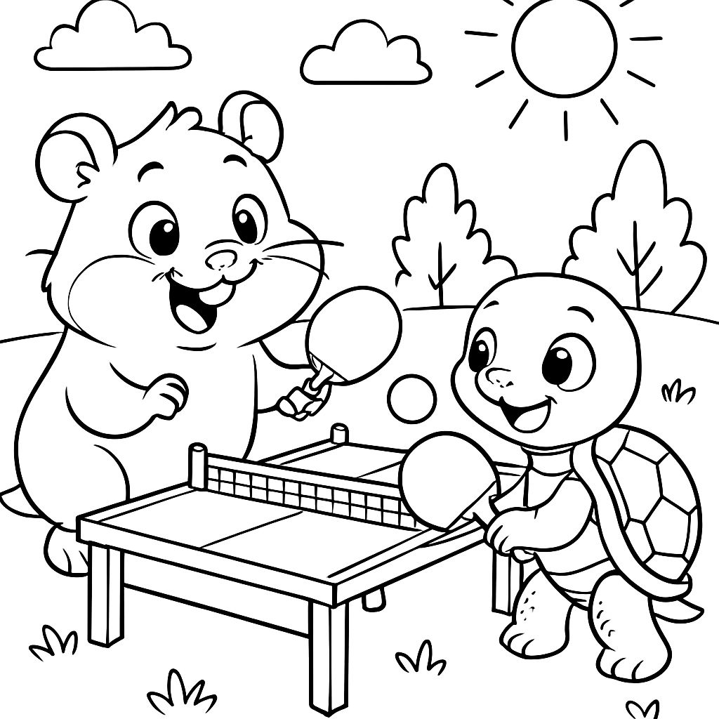 Ein Hamster und eine Baby-Schildkröte spielen Tischtennis. Ein Hamster und eine Baby-Schildkröte spielen Tischtennis.