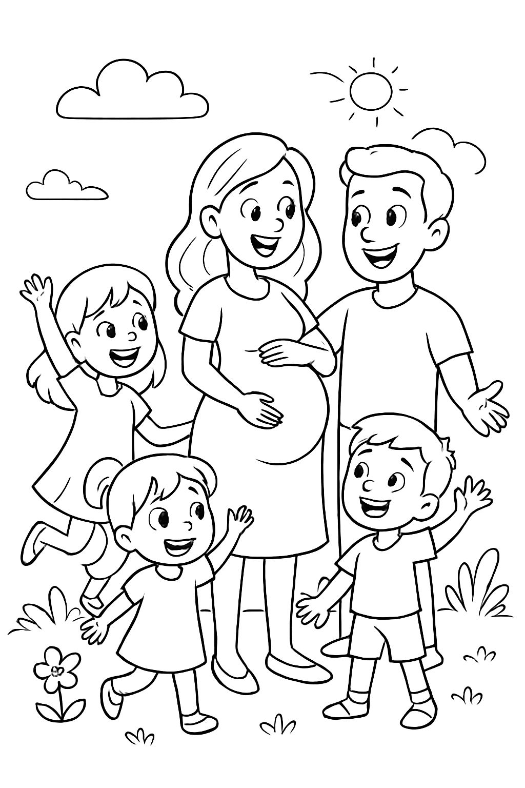 Pregnant woman with dad, 2 girls and a boy
