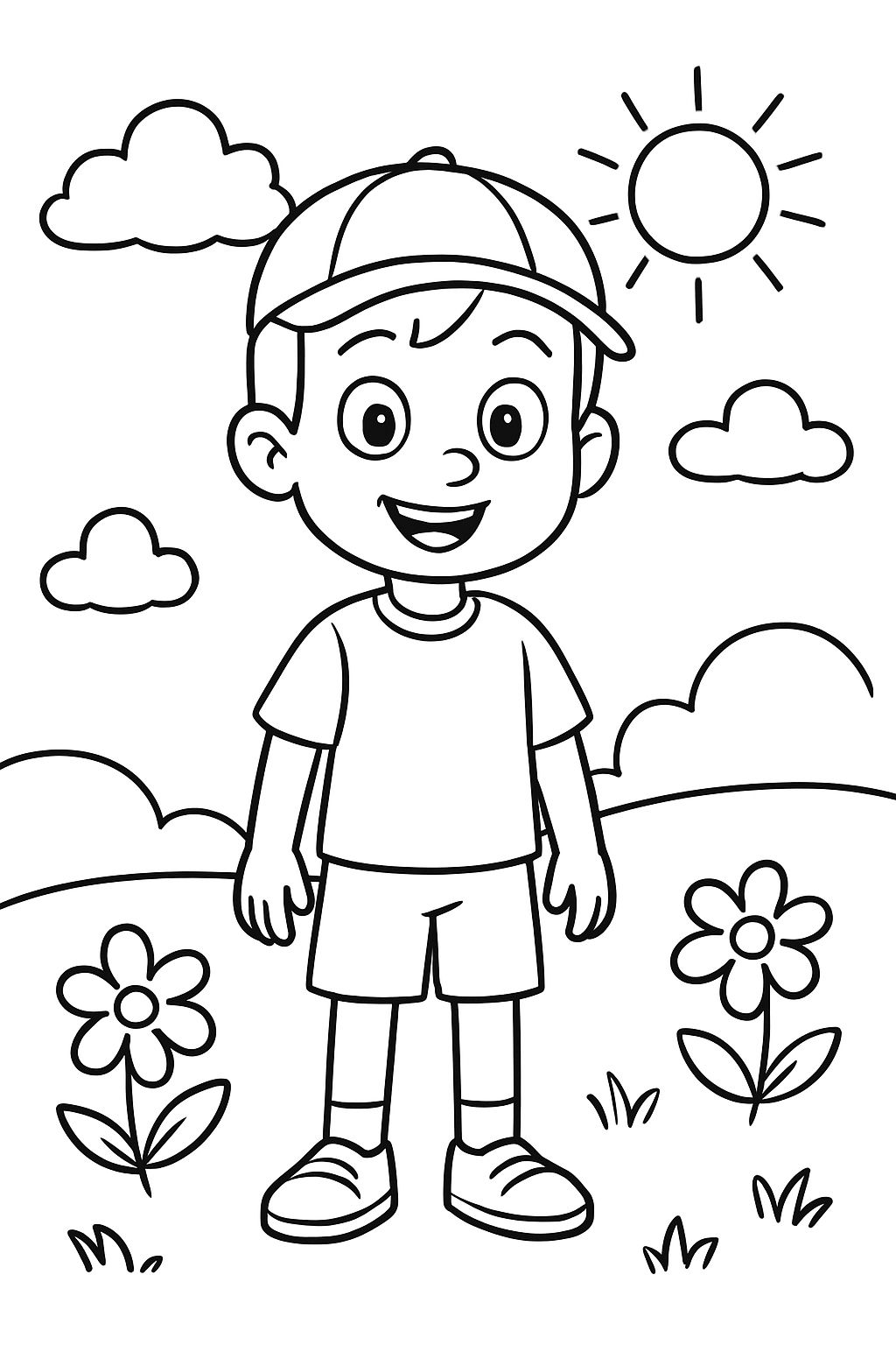 A boy standing straight with shorts and shirt and cap.