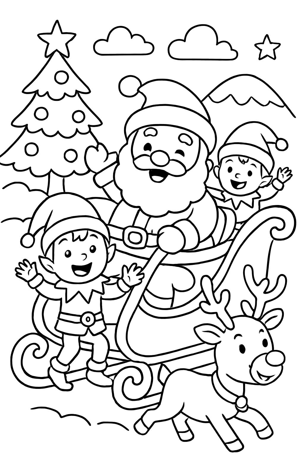 Santa Claus en un trineo con duendes